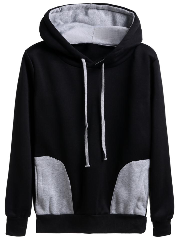 Romwe Black Contrast Drawstring Hooded Sweatshirt