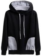 Romwe Black Contrast Drawstring Hooded Sweatshirt