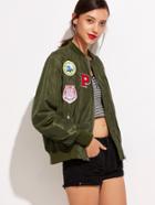 Romwe Army Green Embroidered Patches Zipper Jacket