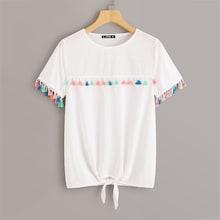 Romwe Plus Fringe Detail Knot Hem Tee