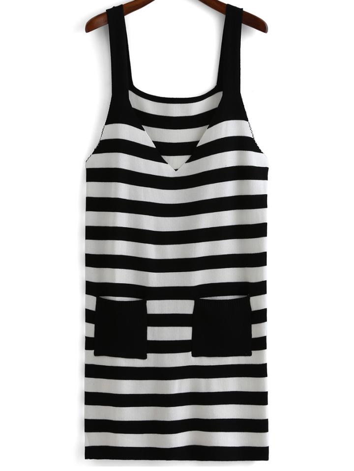 Romwe V Neck Striped With Pocket Knit Dress