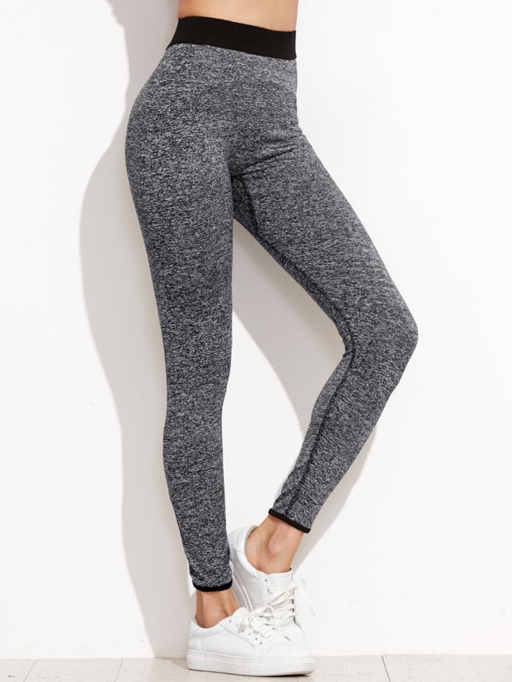 Romwe Grey Marled Knit Contrast Waist Leggings
