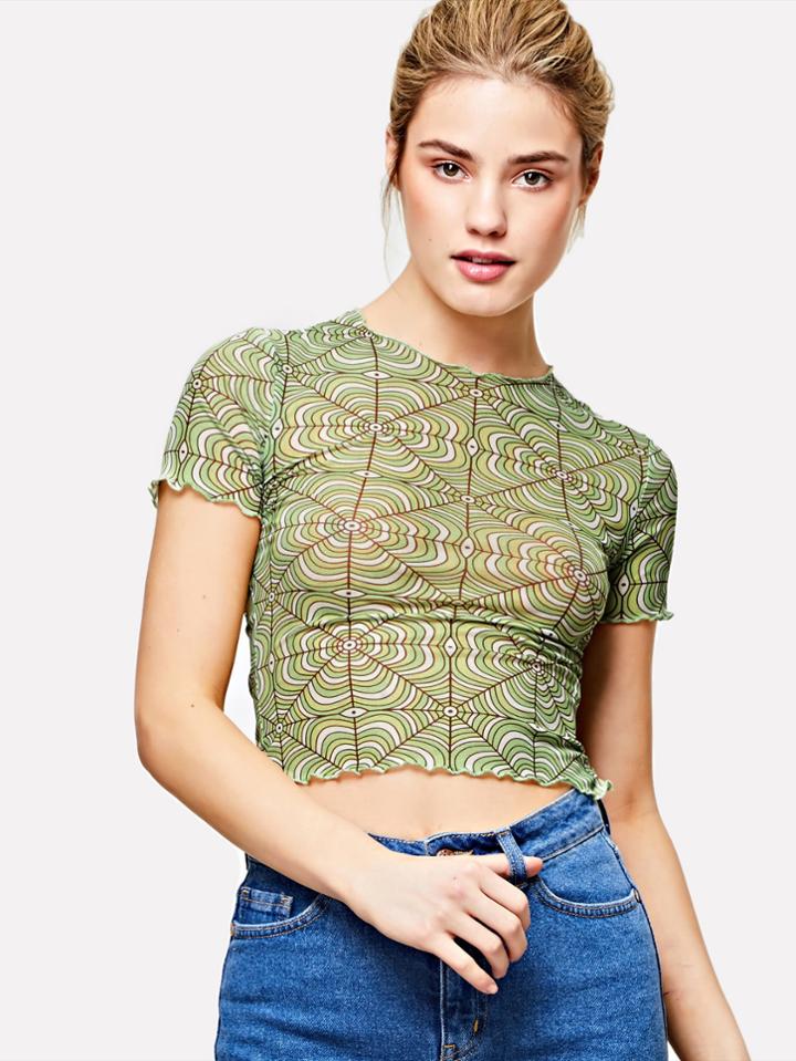 Romwe Geo Print Lettuce Trim Top