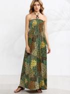 Romwe Beaded Halter Tropical Print Shirred Beach Dress