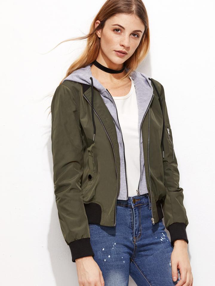 Romwe Olive Green Contrast Hood 2 In 1 Bomber Jacket