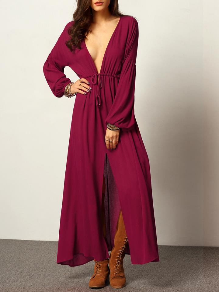 Romwe Burgundy Deep V Neck Split Maxi Dress