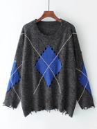 Romwe Geometric Pattern Ripped Sweater