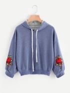 Romwe Embroidered Floral Applique Drawstring Hoodie