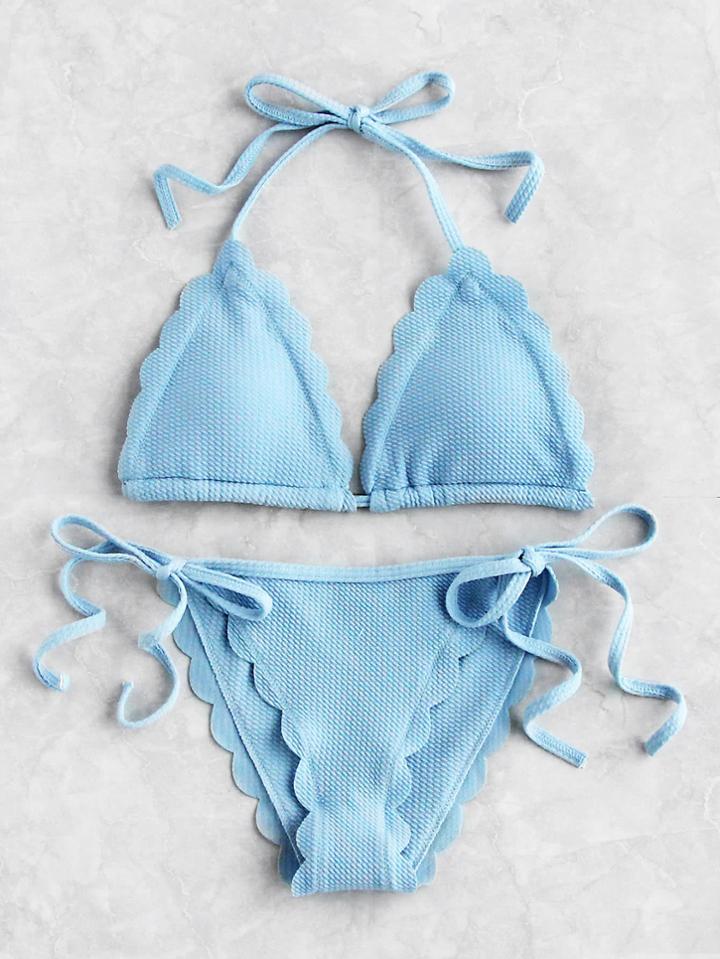 Romwe Scalloped Trim Side Tie Bikini Set