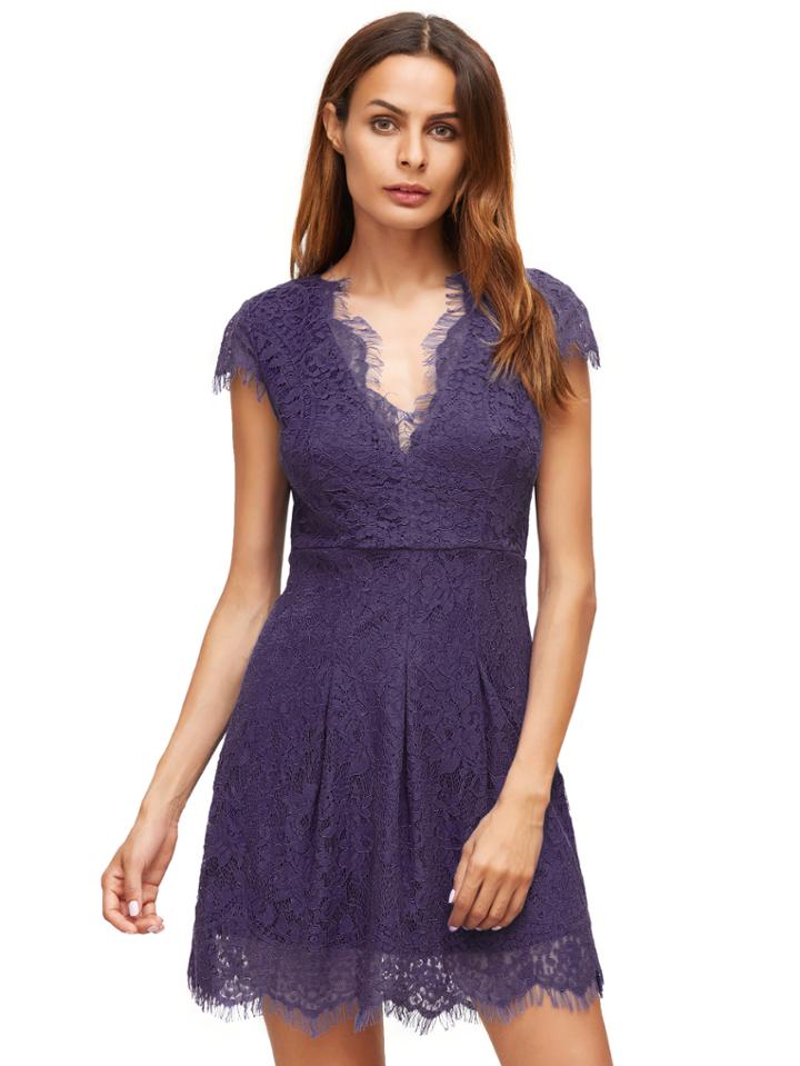 Romwe Purple Deep V Neck Cap Sleeve Lace Dress