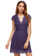 Romwe Purple Deep V Neck Cap Sleeve Lace Dress