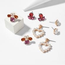 Romwe Gemstone & Faux Pearl Heart Stud Earrings 4pairs