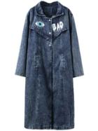 Romwe Eye Print Denim Frock Blue Coat