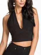 Romwe Halter Neck Banded Hem Crop Top - Black