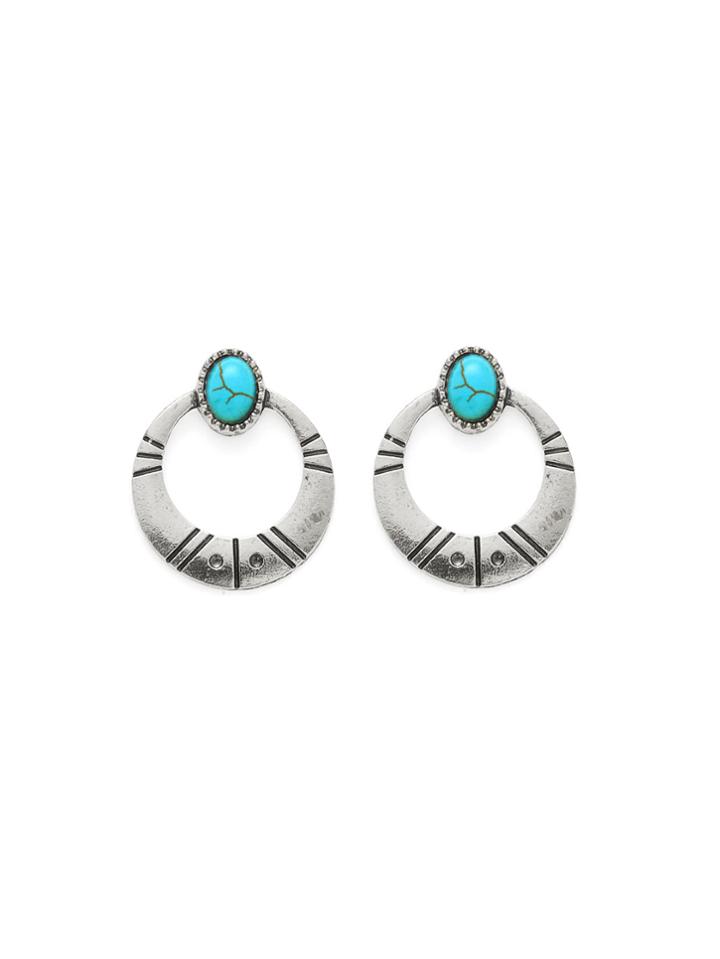 Romwe Open Hoop Earrings With Turquoise Detail