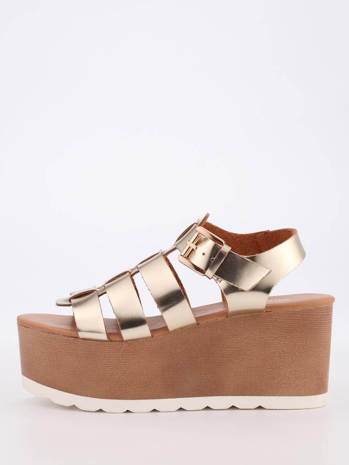 Romwe Caged Ankle Strap Platfom Wedges - Gold
