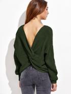 Romwe Army Green V Neck Drop Shoulder Twist Back Sweater