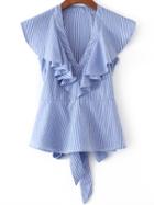 Romwe Blue Striped Ruffle Trim Blouse With Self Tie