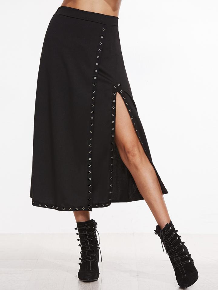Romwe Black High Slit Metal Eyelet Skirt