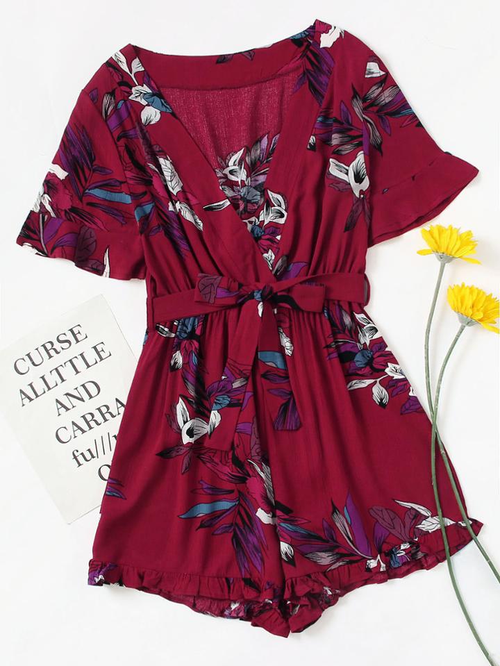 Romwe Plunging V-neckline Random Self Tie Frill Romper