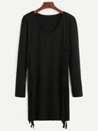 Romwe Black Long Sleeve Fringe Tee Dress