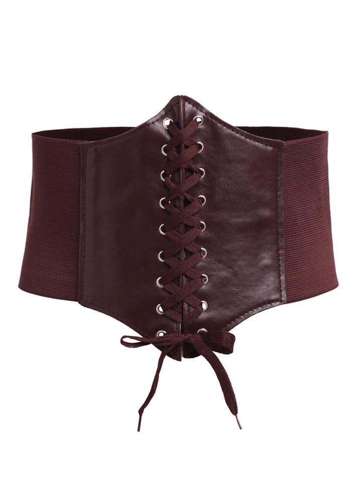 Romwe Coffee Lace Up Faux Leather Wide Waist Belt