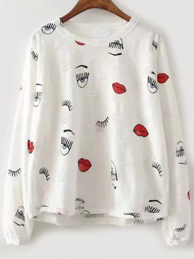 Romwe Lipstick Eye Print Ripped T-shirt