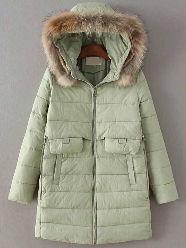 Romwe Light Green Zipper Detail Padded Coat With Faux Fur Hooded