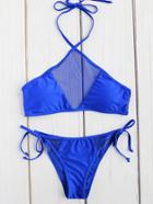 Romwe Royal Blue Mesh Detail Side Tie Halter Bikini Set