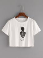 Romwe Cat Print Crop T-shirt - White
