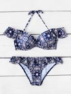 Romwe Fleur De Lis Print Ruffle Detail Bikini Set