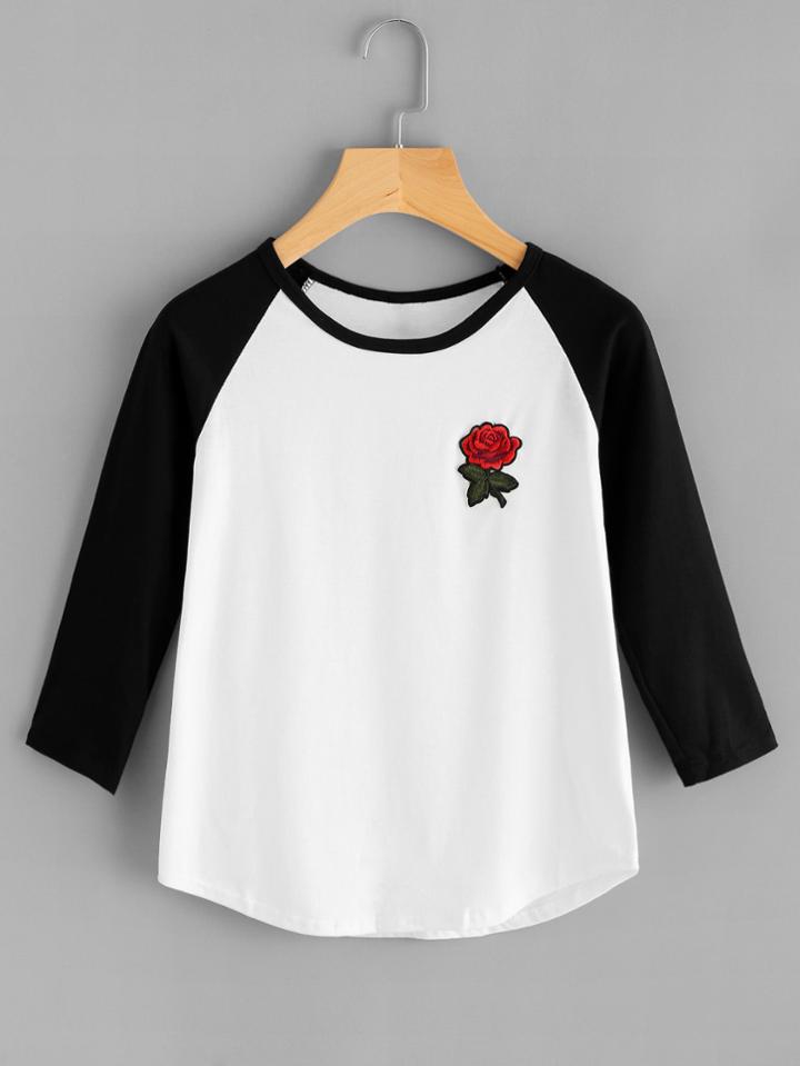 Romwe Raglan Sleeve Rose Patch Tee