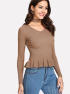 Romwe Ruffle Hem Rib Knit Sweater With Choker