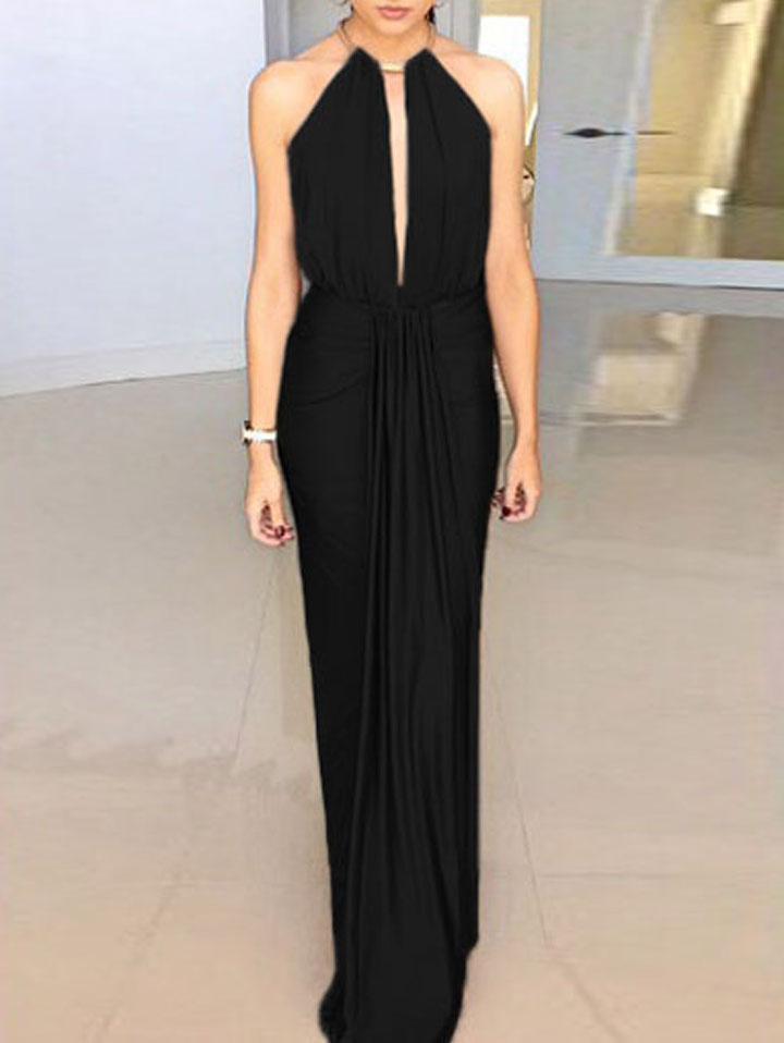 Romwe Black Halter Neck Cutaway Cut-out Back Maxi Dress