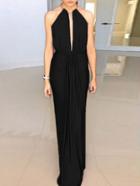 Romwe Black Halter Neck Cutaway Cut-out Back Maxi Dress