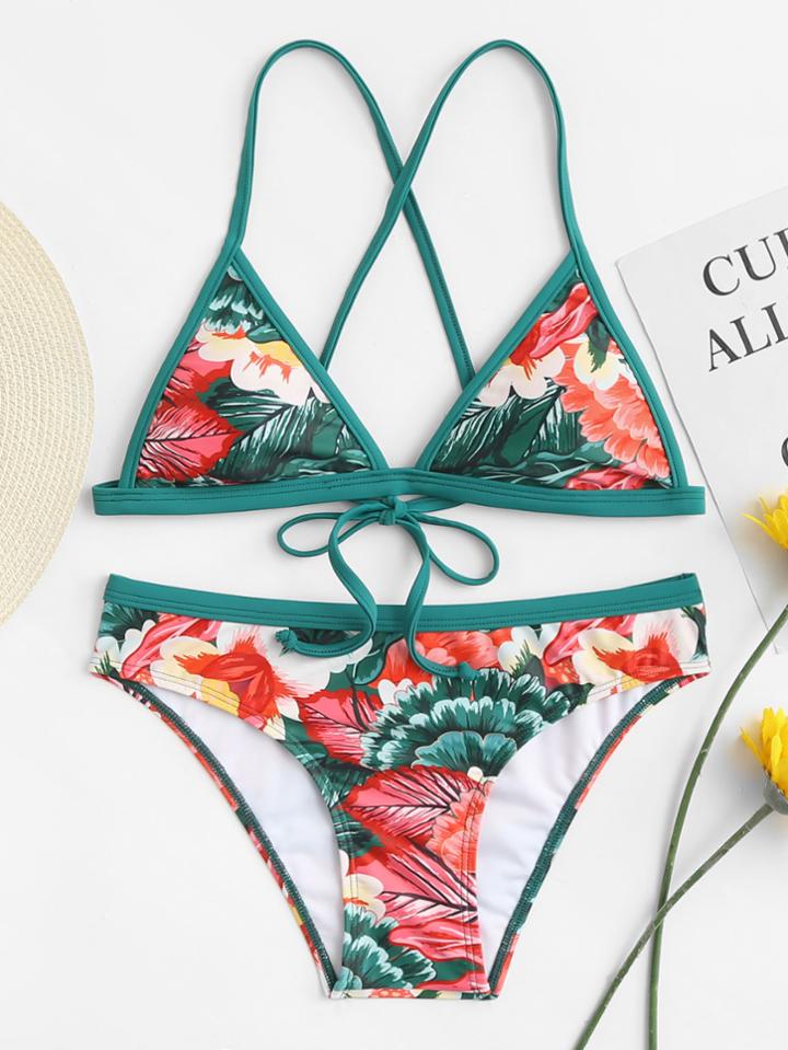Romwe Tropical Print Tie Back Bikini Set