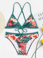 Romwe Tropical Print Tie Back Bikini Set