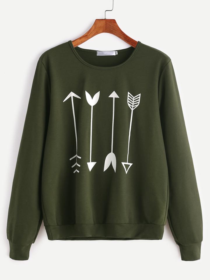 Romwe Army Green Arrow Print Sweatshirt