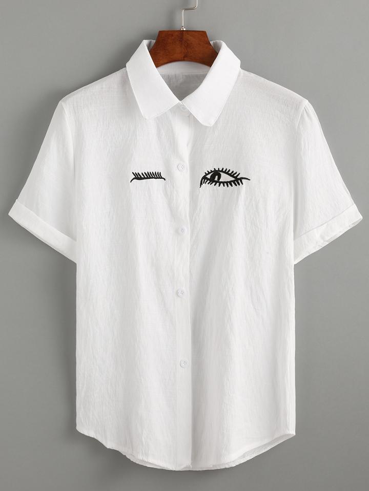 Romwe White Wink Eye Embroidered Blouse