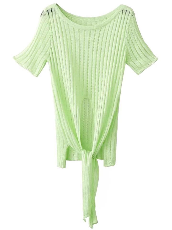 Romwe Green Round Neck Self Tie Slim T-shirt