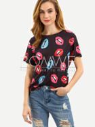 Romwe Multicolor Lips Print Short Sleeve T-shirt