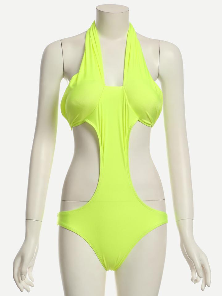 Romwe Fluorescent Yellow Cutout Halter Neck Monokini