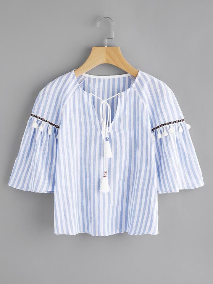 Romwe Striped Self Tie Neck Taped Fringe Detail Blouse
