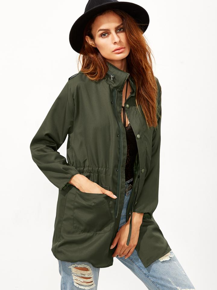 Romwe Army Green Drawstring Waist Epaulet Coat