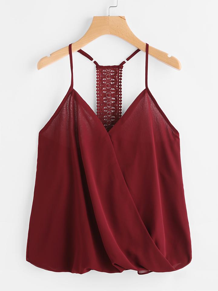 Romwe Surplice Front Crochet Panel Cami Top