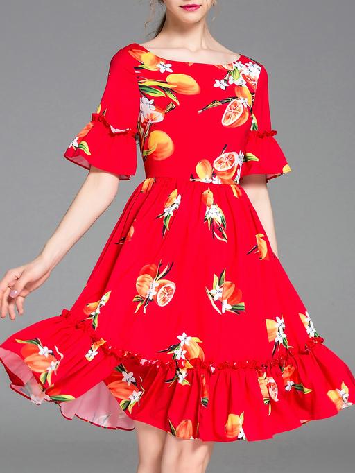 Romwe Red Bell Sleeve Shaddock Print A-line Dress