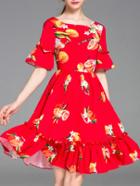 Romwe Red Bell Sleeve Shaddock Print A-line Dress