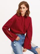 Romwe Embroidered Fluted Sleeve Crop Hoodie