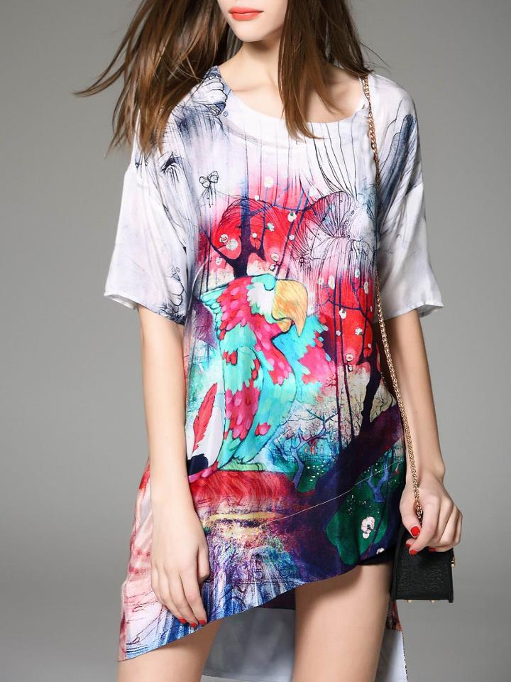 Romwe White Crew Neck Print Asymmetric Dress