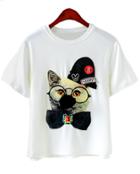 Romwe Dip Hem Cat Patch White T-shirt